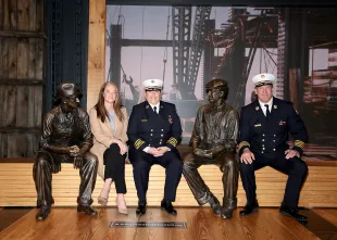 NEW YORK, NEW YORK - MAY 13: (L-R) Acting Fire Commissioner Laura Kavanagh, Lillian Bonsignore, and John Hodgens visit the Empire State Building in honor of EMS Week on May 13, 2022 in New York City. (Photo by Dimitrios Kambouris/Getty Images for Empire State Realty Trust, Inc.)
