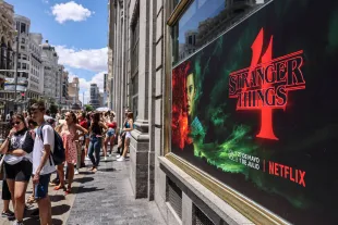 People wait in a line to enter 'The Lab', Stranger Things Netflix series experience venue in Madrid, Spain on June 27th, 2022. The visit in The Lab located at the Telefónica Building is fre for everyone.  (Photo by Beata Zawrzel/NurPhoto via Getty Images)