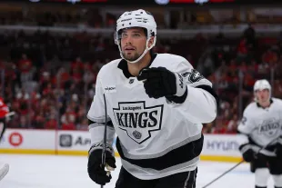 Kevin Fiala #22 of the Los Angeles Kings skates back to the bench after scoring during the second period against the Chicago Blackhawks on October 26, 2025 at the Untied Center in Chicago, Illinois. (Photo by Melissa Tamez/Icon Sportswire via Getty Images)