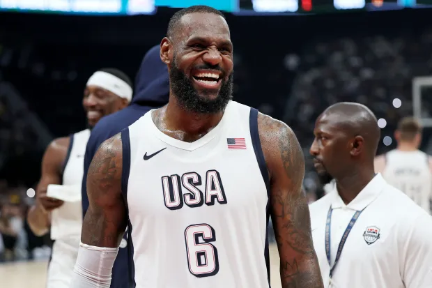 ABU DHABI, UNITED ARAB EMIRATES - JULY 17: LeBron James #6 of the United States reacts during after an exhibition game between the United States and Serbia ahead of the Paris Olympic Games at Etihad Arena on July 17, 2024 in Abu Dhabi, United Arab Emirates. (Photo by Christopher Pike/Getty Images)