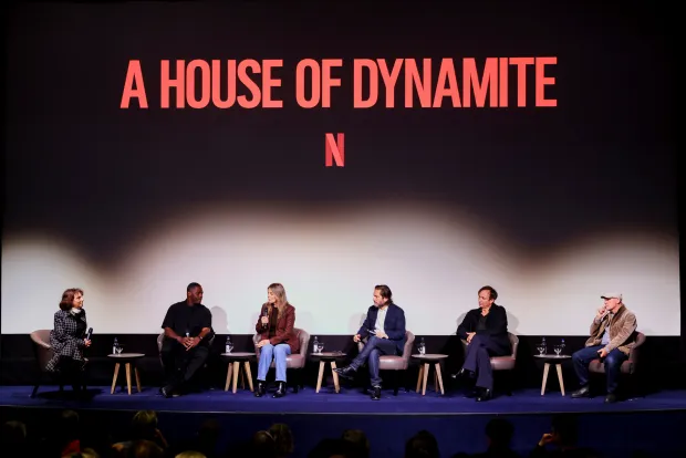 LONDON, ENGLAND - OCTOBER 04: (L to R) Susanne Bier, Idris Elba, Kathryn Bigelow, Greg Shapiro, Volker Bertelmann and Barry Ackroyd speak on stage during a Q&A at Kathryn Bigelow's "A House Of Dynamite" Special Screening at The Ham Yard Hotel on October 4, 2025 in London, England. (Photo by Max Cisotti/Dave Benett/Getty Images for Netflix)