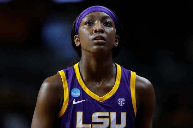 ALBANY, NEW YORK - APRIL 01: Flau'jae Johnson #4 of the LSU Tigers reacts during the second half against the Iowa Hawkeyes in the Elite 8 round of the NCAA Women's Basketball Tournament at MVP Arena on April 01, 2024 in Albany, New York. (Photo by Sarah Stier/Getty Images)