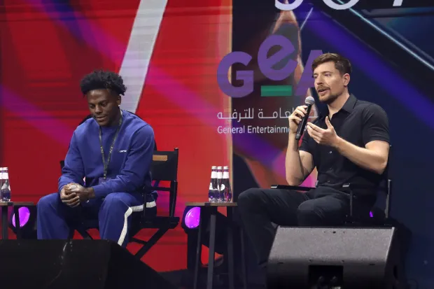 RIYADH, SAUDI ARABIA - OCTOBER 16: IShowSpeed and MrBeast speak on stage during the 'Stream to Mainstream: The New Talents of Global Stardom' panel at the 2025 Joy Forum at SEF Arena on October 16, 2025 in Riyadh, Saudi Arabia. (Photo by Wed Al Shehri/Getty Images for GEA)