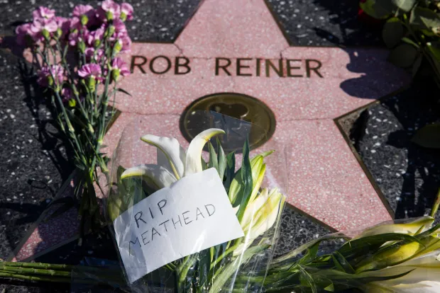 Los Angeles, CA - December 15, 2025: Flowers are seen placed ontop of Rob Reiner's Hollywood Walk of Fame Star on Monday, Dec. 15, 2025 in Los Angeles, CA. Nick Reiner was arrested on suspicion of homicide of his parents Rob and Michele Singer Reiner after they were found dead at their Brentwood home on Sunday. (Kayla Bartkowski / Los Angeles Times via Getty Images)