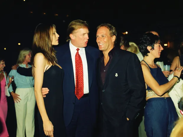 American real estate developer Donald Trump (C) and his girlfriend (and future wife), former model Melania Knauss,(L) singer Michael Bolton, (3rd L) and British socialite Ghislaine Maxwell (R) pose together at the Mar-a-Lago club, Palm Beach, Florida, February 12, 2000. (Photo by Davidoff Studios/Getty Images)