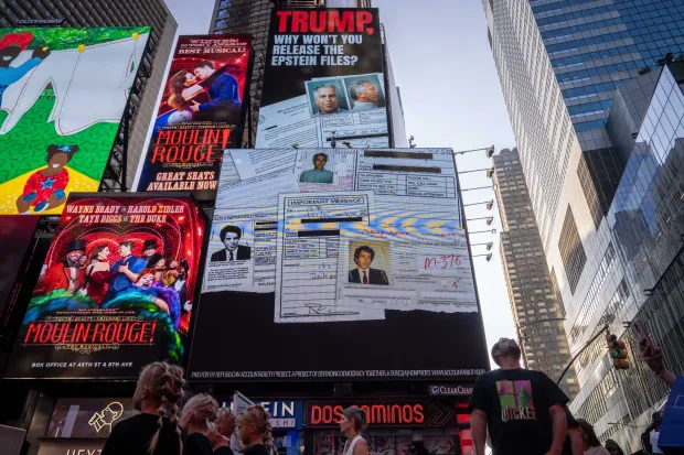 NEW YORK, NEW YORK - JULY 23: A billboard in Times Square calls for the release of the Epstein Files on July 23, 2025 in New York City. Attorney General Pam Bondi briefed President Donald Trump in May on the Justice Department's review of the documents related to the Jeffrey Epstein case, telling him that his name appeared in the files. (Photo by Adam Gray/Getty Images)