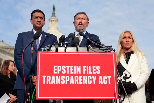 Rep. Thomas Massie (R-KY) (C) speaks alongside U.S. Rep. Ro Khanna (D-CA) (L) and Rep. Marjorie Taylor Greene (R-GA) during a news conference on the Epstein Files Transparency Act outside the U.S. Capitol on November 18, 2025 in Washington, DC. (Photo by Heather Diehl/Getty Images)