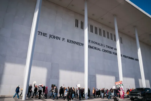 WASHINGTON,DC - DECEMBER 20: Protesters gather in front of the The John F. Kennedy Center for the Performing Arts after President Donald Trump's name was added to the facade on Dec.20, 2025 in Washington, DC. Photo by Maxine Wallace/The Washington Post via Getty Images)